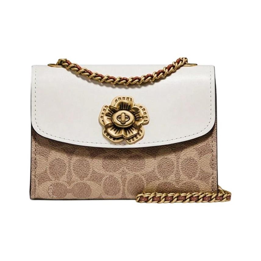 Coach Parker 18 Camellia Chain Crossbody Bag Women bags White Brown 34256-B4HA