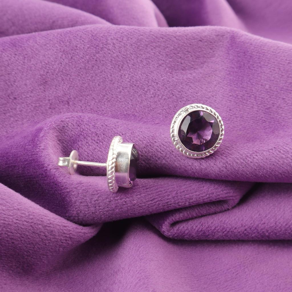 Круглый Аметист Драгоценный Камень Стерлинговое Серебро Подарок на День Рождения Помолвочные Серьги-Пуссеты EE-147-4