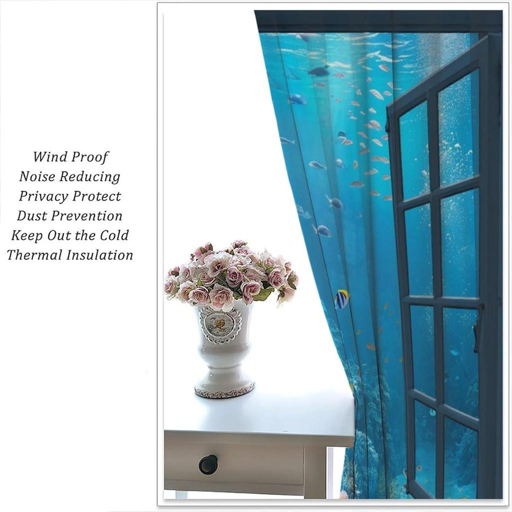 Ocean Animals Window Curtains Deep Sea Fish Coral Plants Underwater World Window Drapes for Bedroom Living Room Nursery