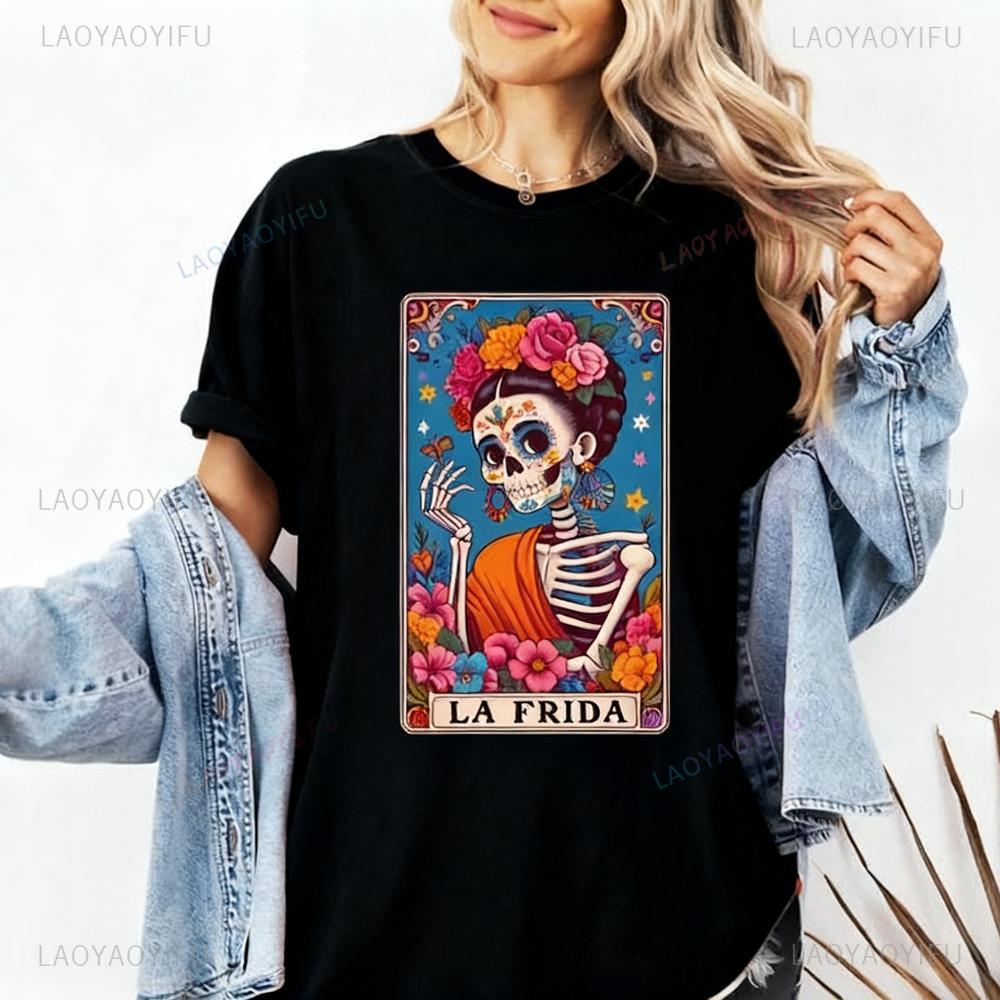 La Frida Dia De Los Muertos TShirt Sugar Skull Halloween TShirt Tarot Card Women Tee Mexican Day of The Dead Shirt Festival Top