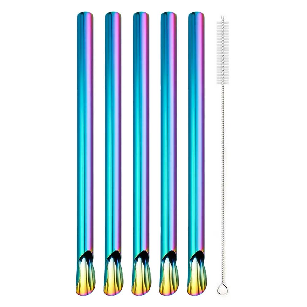 6Pcs 304 Stainless Steel Reusable Straw Set Pearl Milkshake Bubble Tea Straw with Brush Stirring Smoothie Spoon Shaped Straw Set