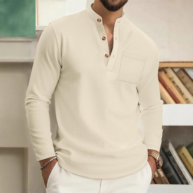 Мужская осенняя повседневная рубашка с белым принтом в горошек, воротником-стойкой и карманом