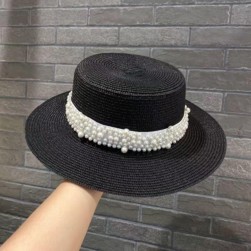 Summer Casual Vacation Sun Hat Elegant French Pearl Versatile Flat Top Straw Hat Beach Top Hat Children's Tide