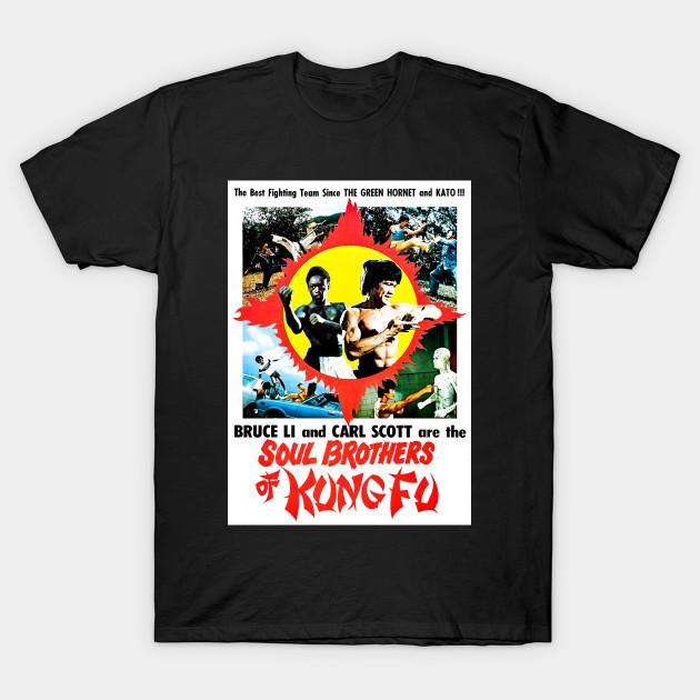 Men Black Print T-shirt Soul Brothers Of Kung Fu No-Cut Transfer Paper Print Cotton Tshirt
