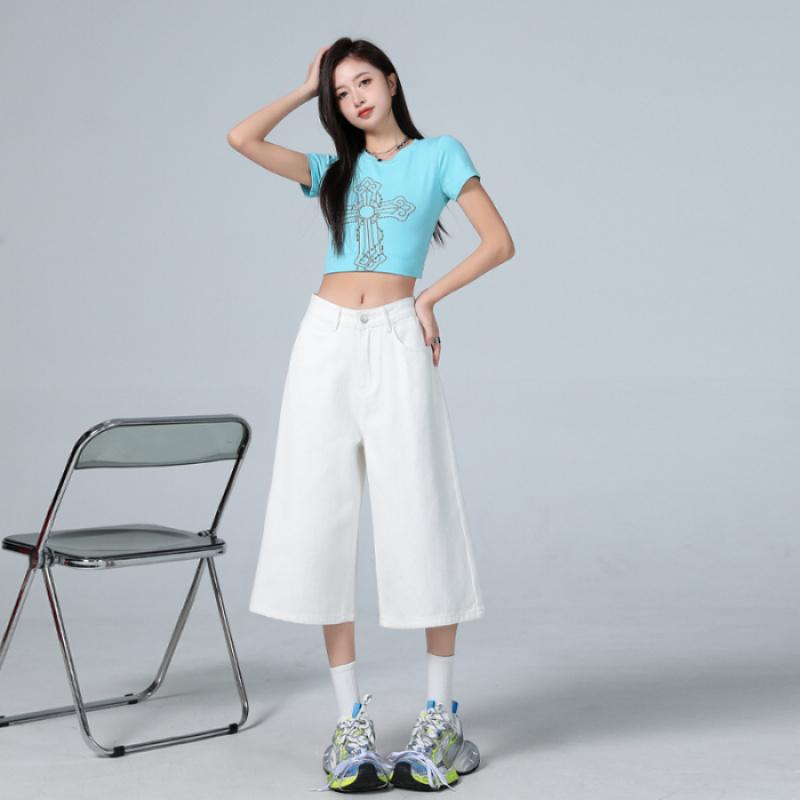 Американская высокая улица Семифутовые женские джинсы Весна Осень Свободные Широкие штанины Драпирующиеся Прямого кроя Брюки Модный дизайн