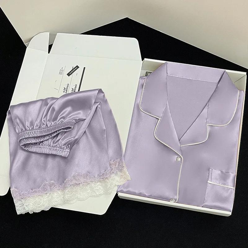 Сексуальная ночная одежда, женская пижама, комплект с короткими рукавами, шорты с отворотами, кардиган, женская домашняя одежда, сексуальное кружево, простая однотонная пижама