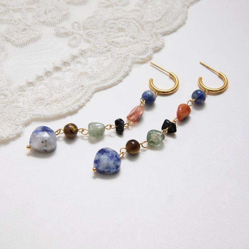 Stylish C Shape Irregular Natural Stone Long Tassel Drop Earrings Gold PVD Plated Titanium Steel Jewelry for Women