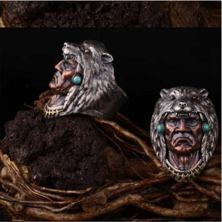 Кольцо индейца, кольцо индийского воина-оборотня, ювелирные изделия Дикого Запада, ювелирные изделия вождя племени, мужское кольцо