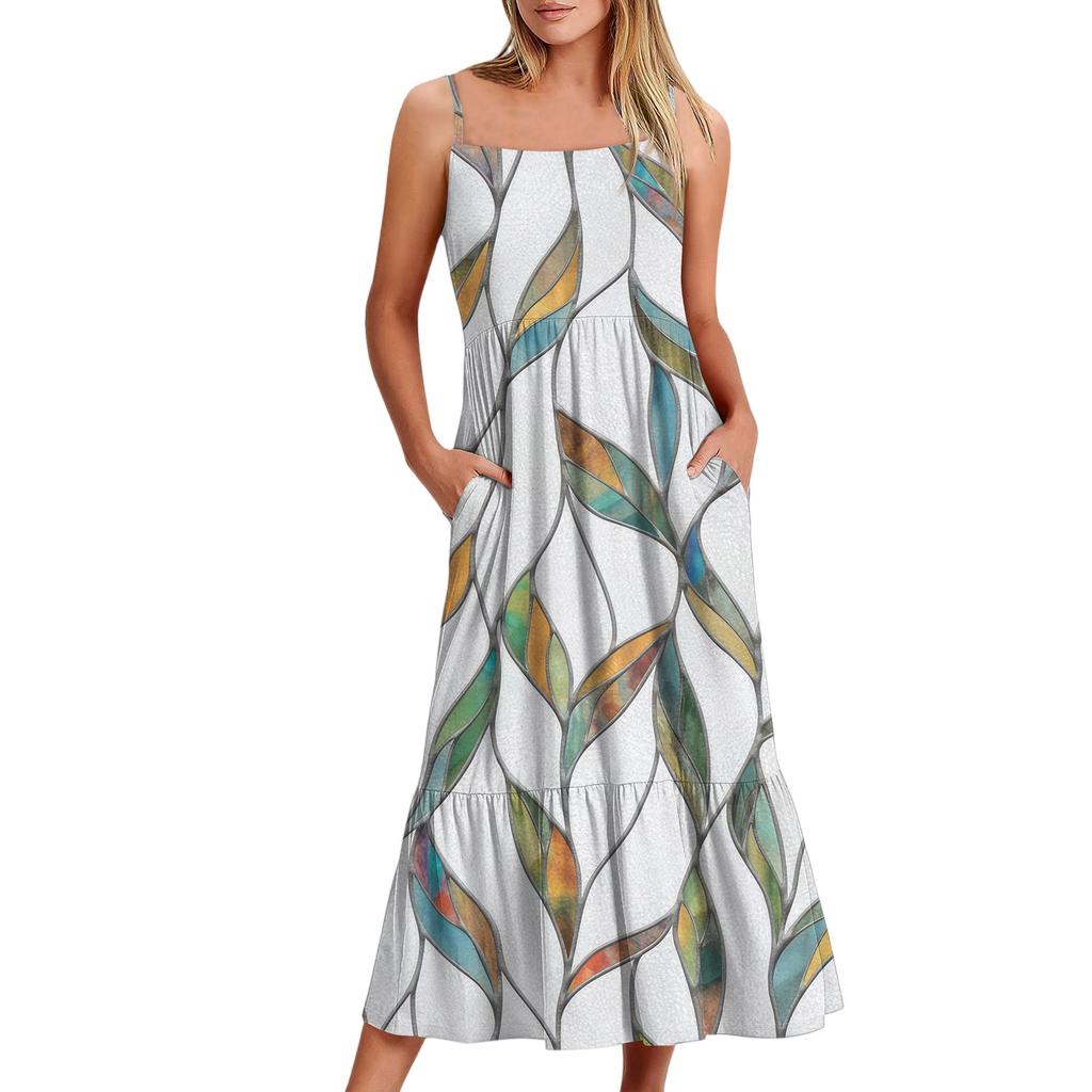 Женское длинное пляжное повседневное элегантное платье макси на тонких бретельках с цветочным принтом, струящееся платье в стиле бохо