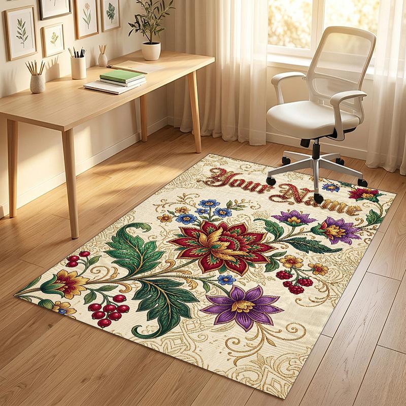 Floral Garden Theme Crystal Velvet Rug Personalized Custom Name Text Soft Floor Mat Home Decor