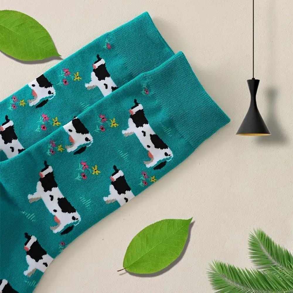 1 пара женских носков средней длины с принтом, милый дизайн коровы, подходят для повседневной носки, удобные, мягкие, влагоотводящие, дышащие носки
