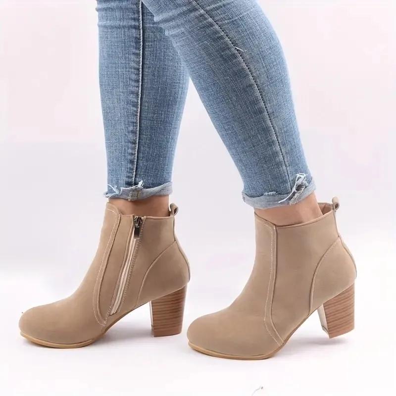2024 Women's Shoes Ankle Women's Boots Retro Modern Boots Women Sewing Round Toe Chunky Heels Side Zip Plus Size Ladies Shoes