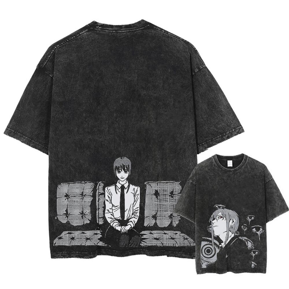 Chainsaw Man Аниме Манга Стираная футболка Короткие рукава Футболки большого размера Новинка Мужские топы Уличная одежда Печатный