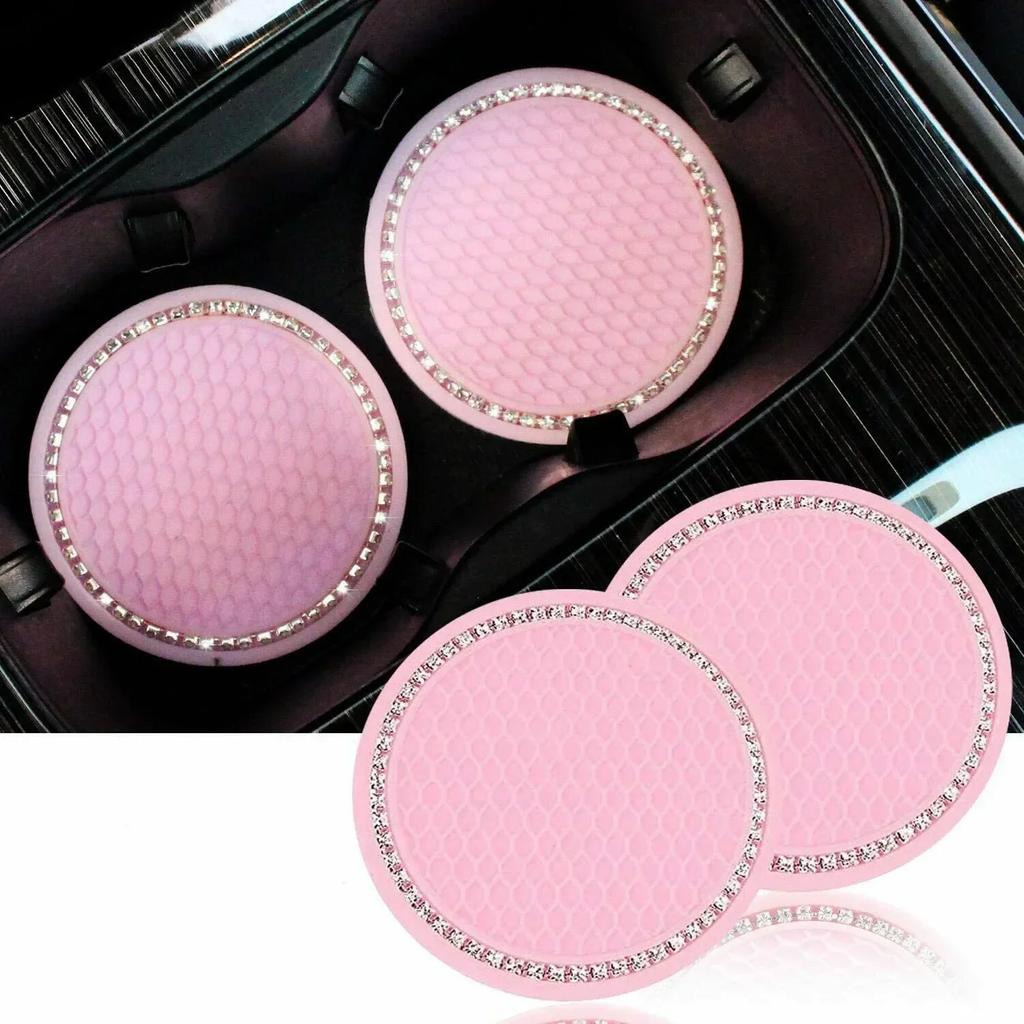 2 Pieces of Pink Cup Holder Mat, Car Cup Holder Mat, Pink Cup Holder Mat, Rhinestone Car Interior Accessories, Anti Slip Mat