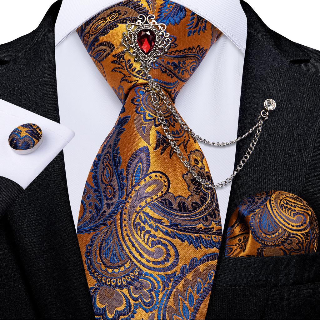 Paisley Tie for Men Necktie Silk Hanky Cufflink Set with Tie Ring Chain Brooch for Wedding Party