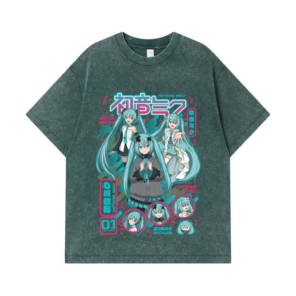 Стиранные футболки 275 г/м² 100% Хлопок Принт Vocaloid V1 Hatsune Miku Унисекс Тяжелая хлопковая футболка
