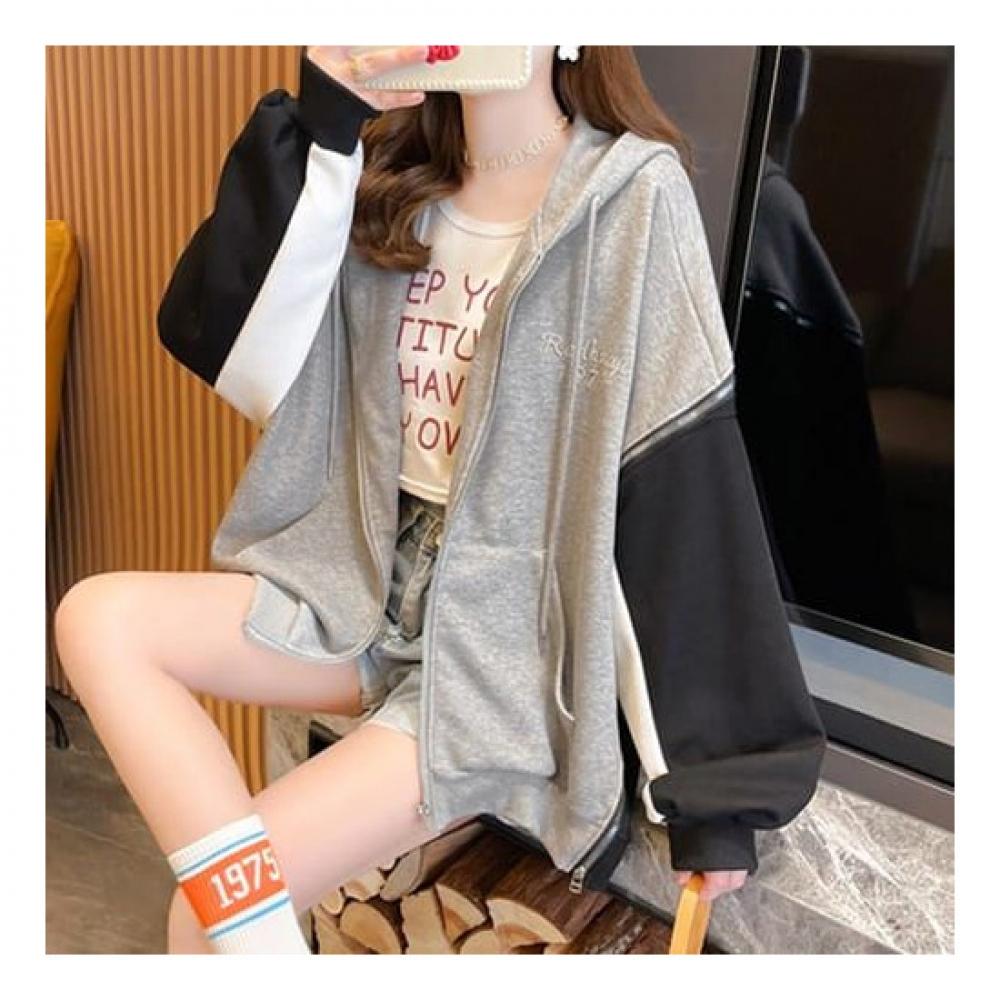 Navava Men Nc180 Casual Color Block Loose Fit Long Sleeve Hooded Zip Up