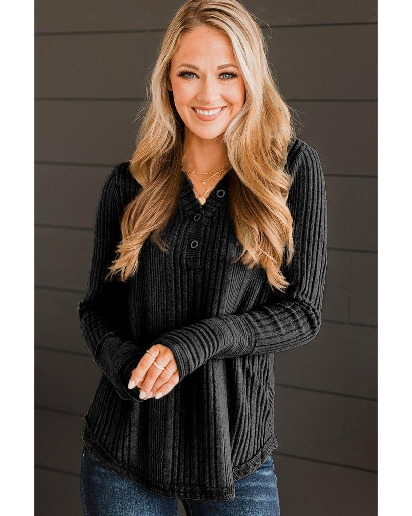 Azura Exchange Черный топ с V-образным вырезом, на пуговицах, в рубчик