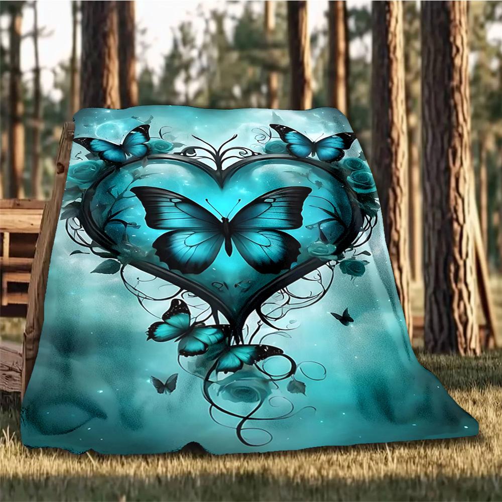 1pc Butterfly Heart Print Outdoor Flannel Blanket Soft All Season Polyester Throw , Perfect for Picnics & Travel , Picnic Accessory