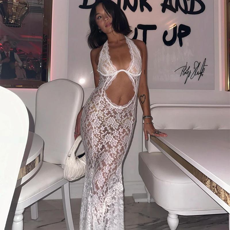 White Hollow Out Sexy See Through Dress For Women Sleeveless Slim High Waist Patchwork Backless Beach Long Dresses Lady Elegant Evening Dress Femme