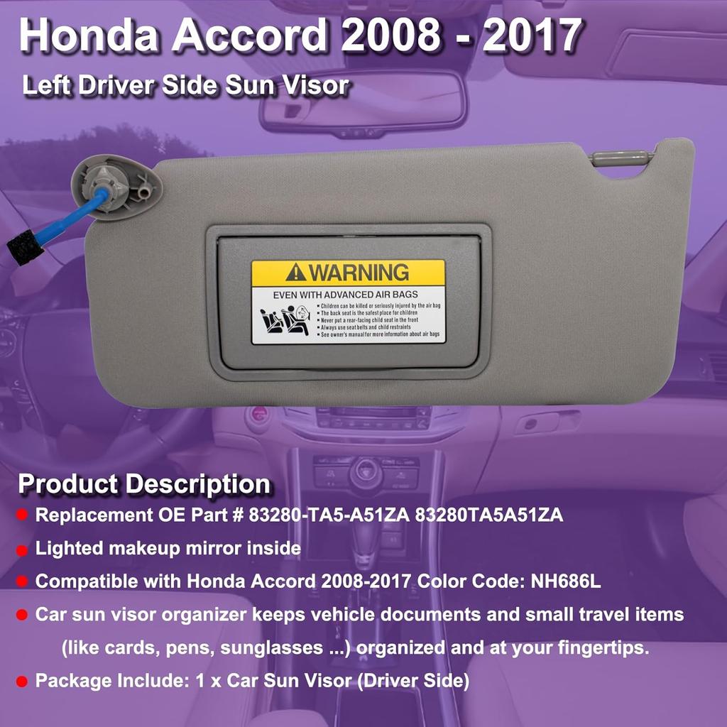 NHILES Left Driver Side Sun Visor Compatible With Honda Accord 2008 2009 2010 2011 2012 2013 2014 2015 2016 2017 With Light Replaces #