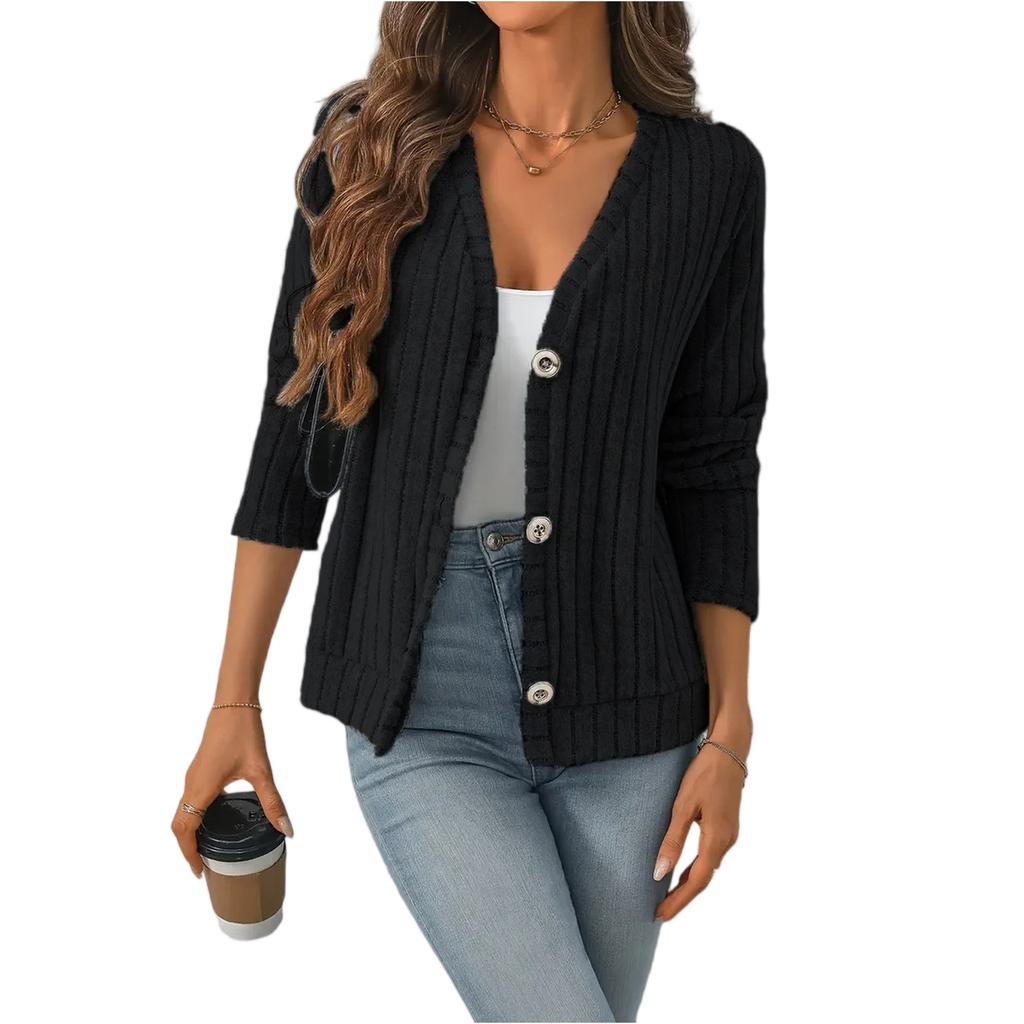 Women's Fashion Solid Color V-neck Long Sleeve Button Casual Cardigan Coat