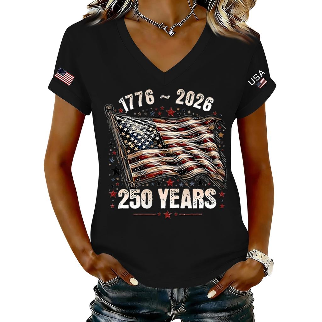 Women's Fashionable V-Neck Casual Retro Print Short Sleeved T-shirt Top