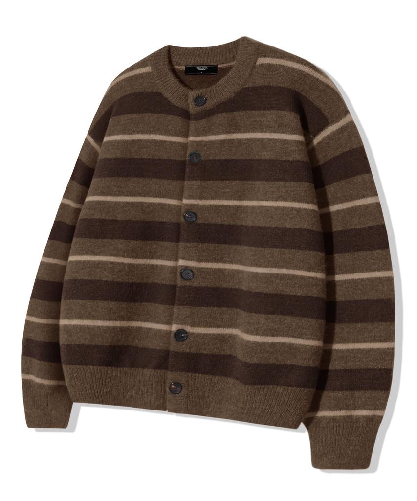 TRILLION Washable Hairy Striped Button Cardigan Knit_Brown