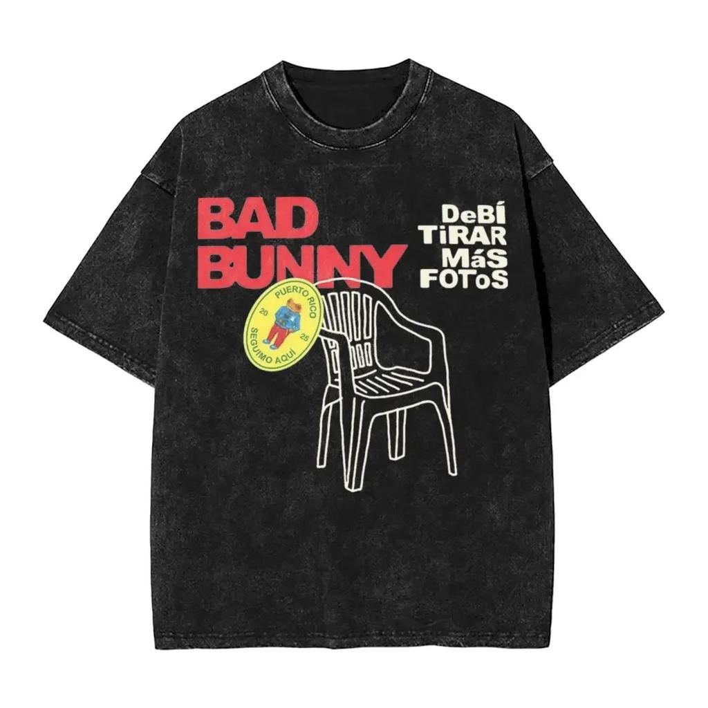Washed T Shirts DTMF Debi Tirar Mas Fotos Vintage T-Shirt Bad Bunny Album Cotton Tops Tee Shirt for Men Women
