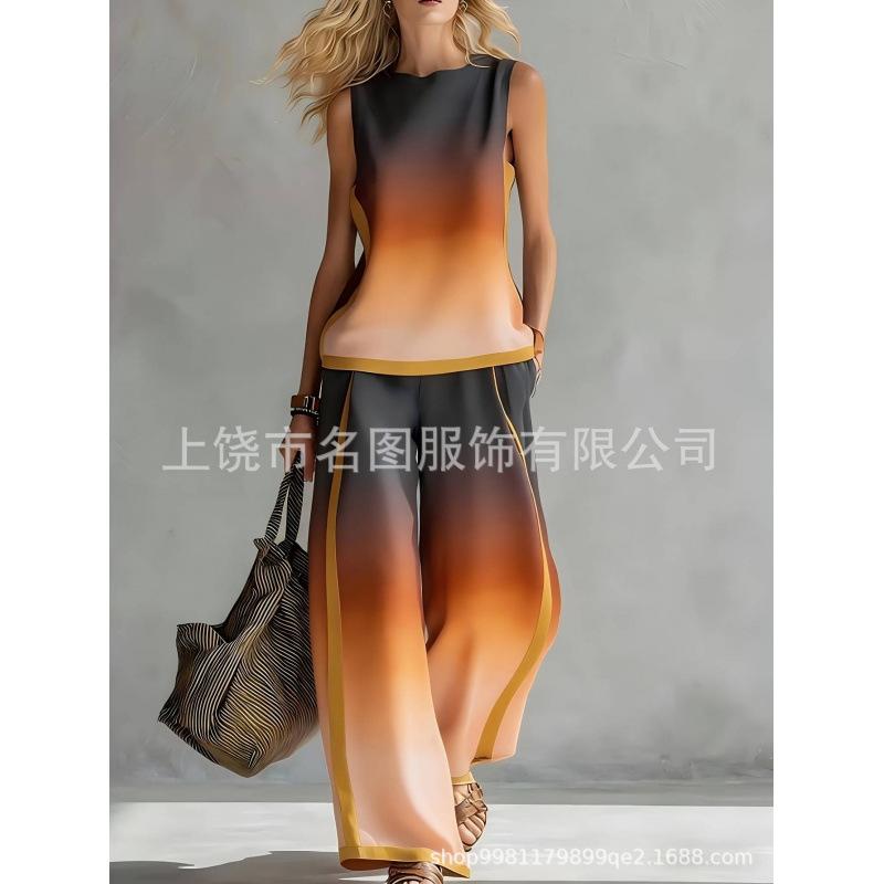 European, American Bohemian fashion contrasting colors 1D digital printing printing retro casual top set