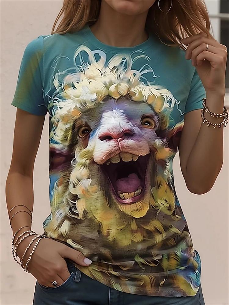 Women's Summer Crew-Neck Short-Sleeve T-Shirt Elegant Puppy Print Fashion Top Casual Streetwear-Style Women's Short-Sleeve Shirt