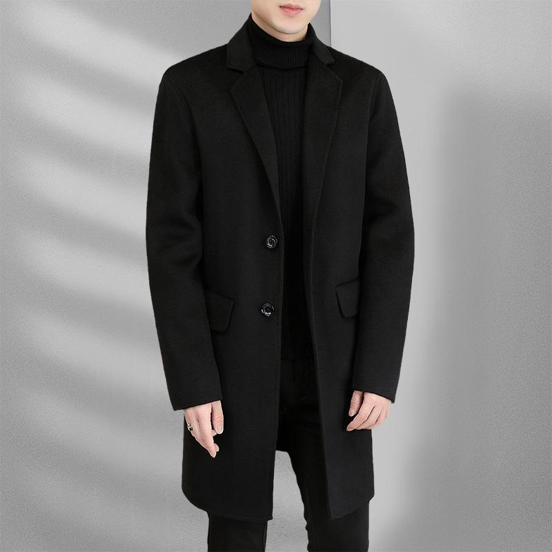 Осенне-зимнее мужское шерстяное пальто средней и длинной длины с воротником-стойкой, сшитое вручную двухстороннее шерстяное пальто, тренчкот, мужское пальто