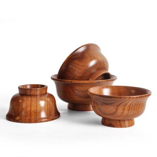 190/240/300/425/475ml Wooden Bowl Reusable Reverse Edge Round Thickened Anti-scalding High-footed Mongolia Style Rice Bowl Kitchen