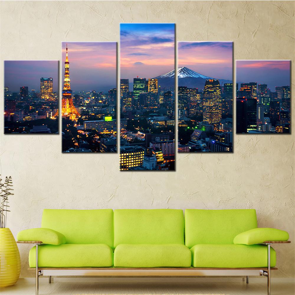 5Pcs Aesthetic Room Decor Interior Paintings Tokyo Cityscape Fuji MT Aerial View Picture Modular Wall Art Canvas Poster & Print
