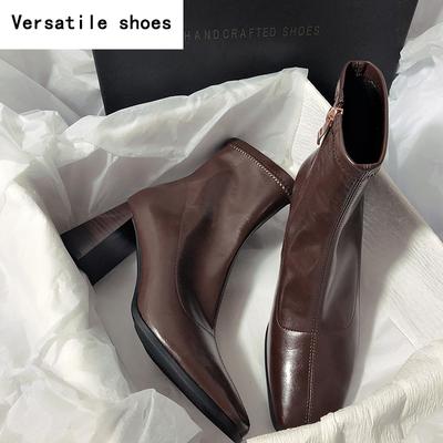 Винтажные толстые каблуки женские тонкие ботильоны модные туфли с квадратным носком осень-зима женские элегантные короткие ботильоны
