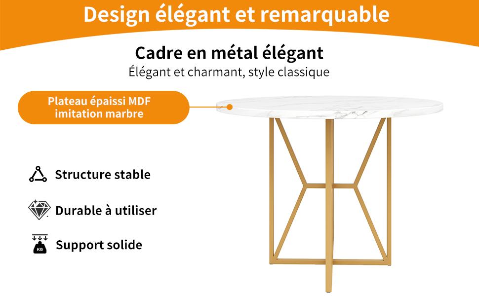 Round Dining Table (80 x 80 x 76 cm), Light Table for 4-6 People, Suitable for Dining Room and Living Room, Gold Legs, Marbled MDF Tabletop