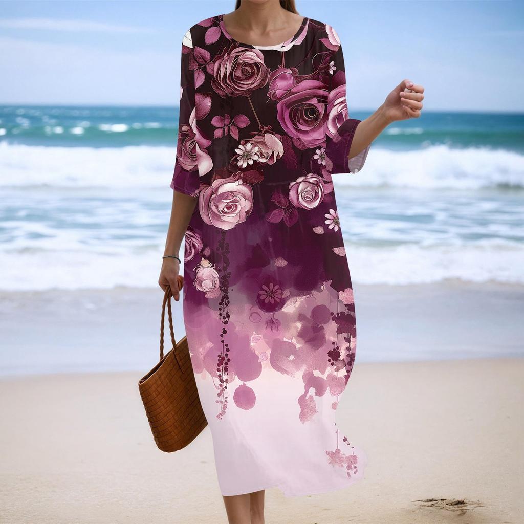 Женское модное платье свободного кроя с принтом, круглым вырезом и рукавом три четверти
