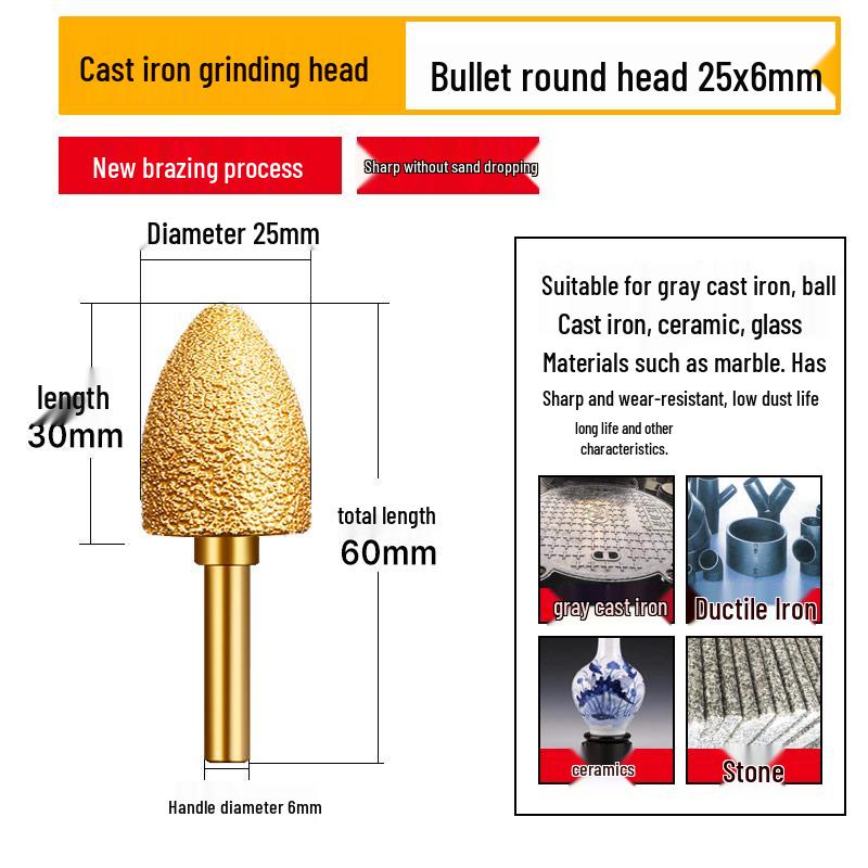 Diamond Brazed Carbide Grinding Head for Ductile Iron & Stone, Compatible with Electric Drills