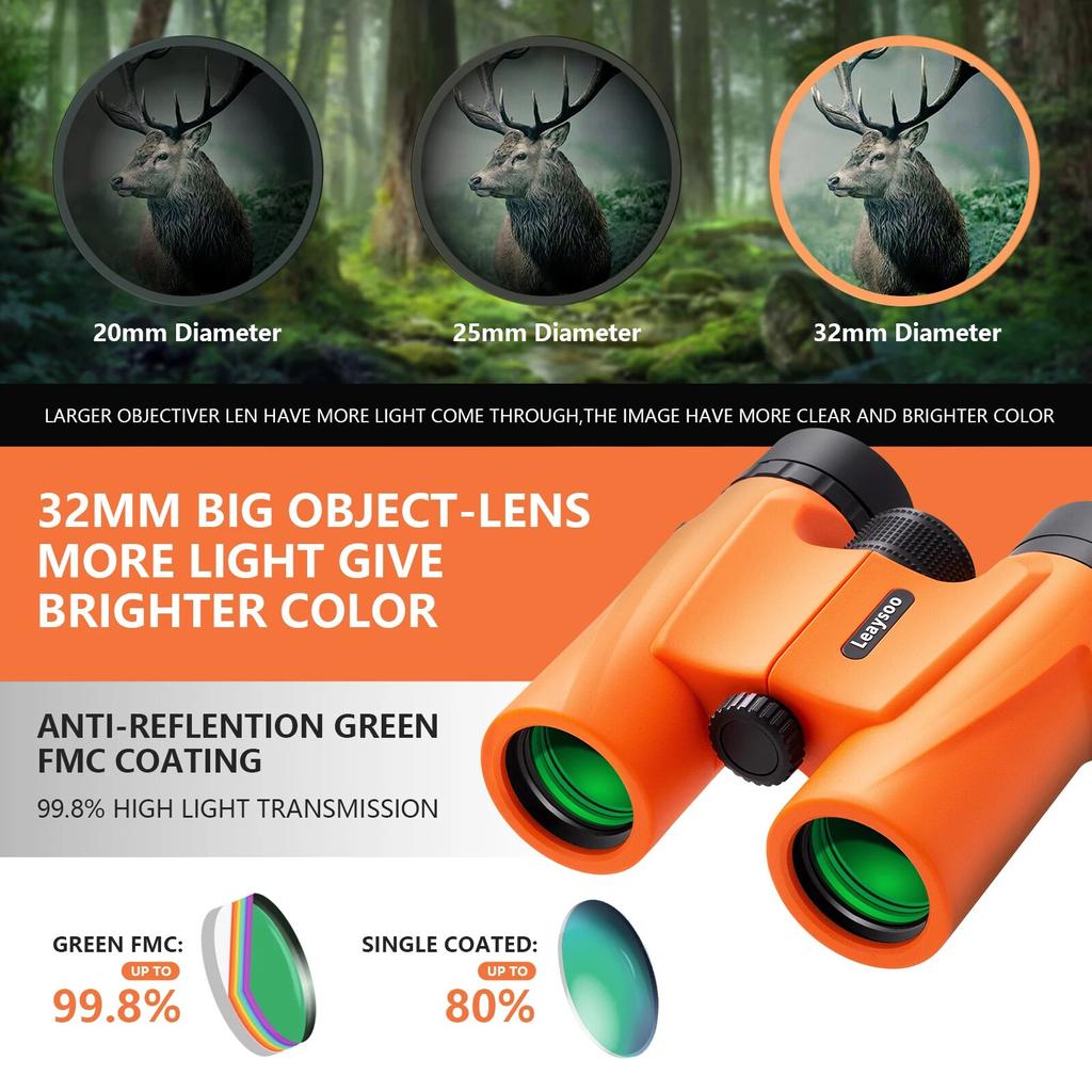 Leaysoo 10X32 Compact Binoculars for Adults and Kids,High Powered Small Binoculars, BAK-4 FMC Clear Low Light Vison Waterproof B