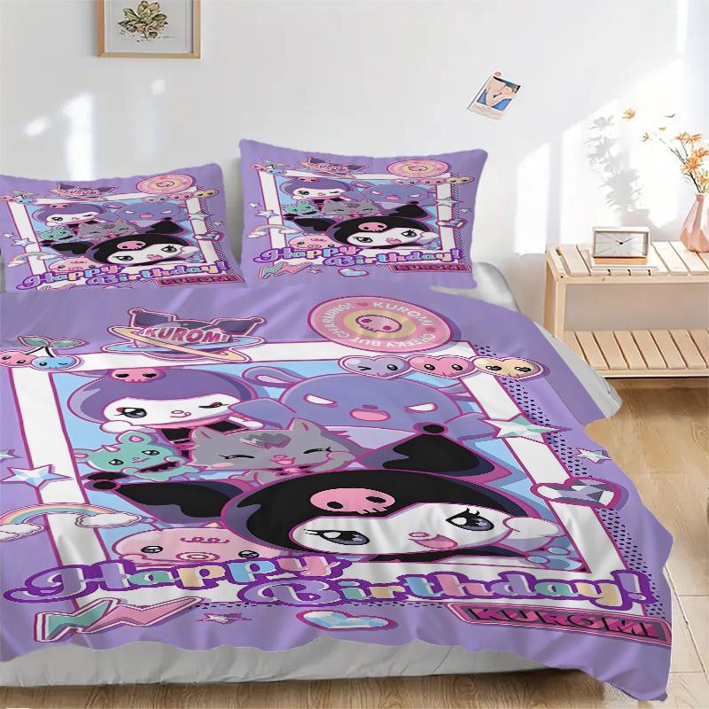 3pcs Kuromi's Birthday Celebration Quilt Set Cartoon Themed Bed Quilt Set Lovely Character Bedroom Decor Bed Quilt Set Four Seasons (1 Cover + 2P