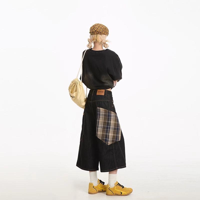 Womens Cargo Capri Jeans High Waist Wide Leg Plaid Pocket Casual Denim Pants
