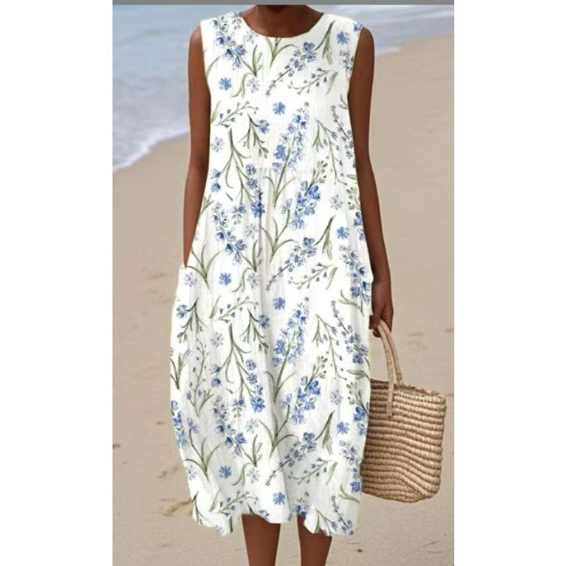 LYRIA 3D Print Roundneck Lightweight Dress Sleeveless Summer Beach Dress Casual Fashion A-Line Dress Women Elegant Floral Dresses