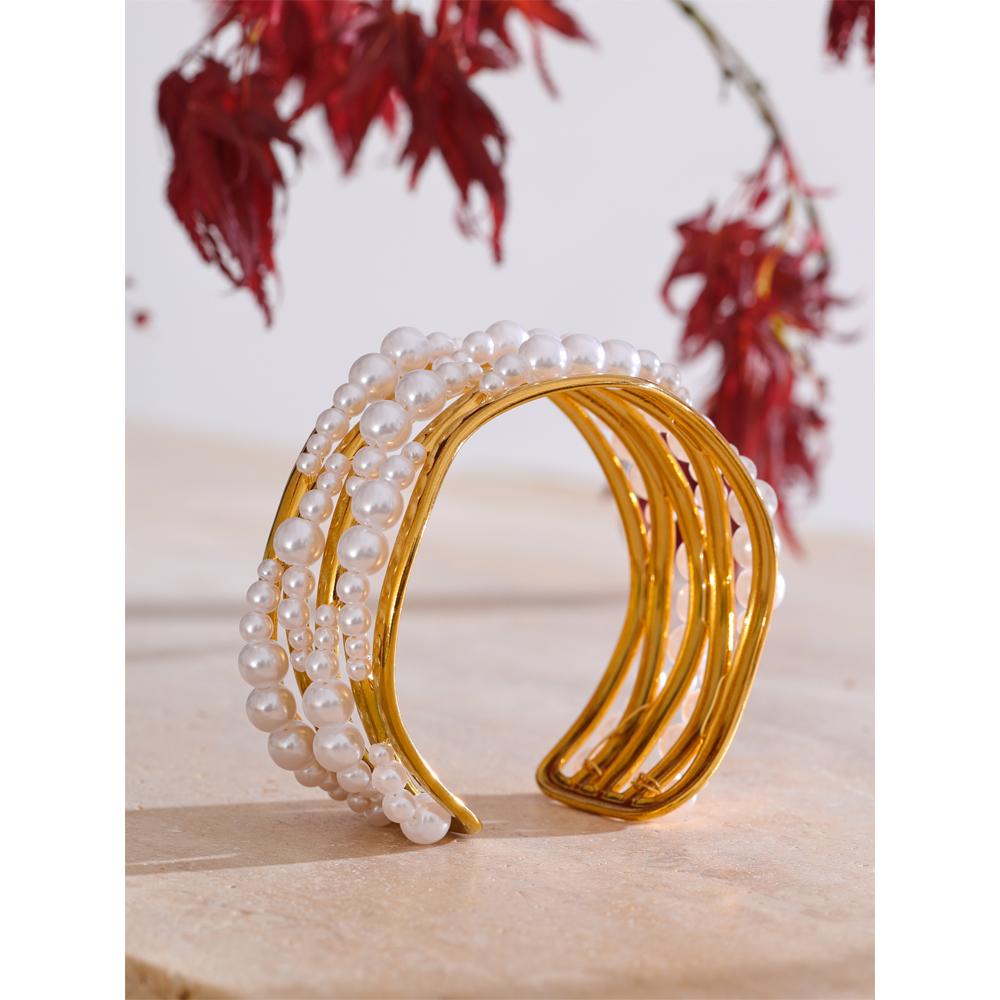 Yhpup 53mm Simulated Pearls Big Cuff Wide Bracelet Bangle 18K PVD Plated Stainless Steel Arrivals Elegance Open Wrist Jewelry