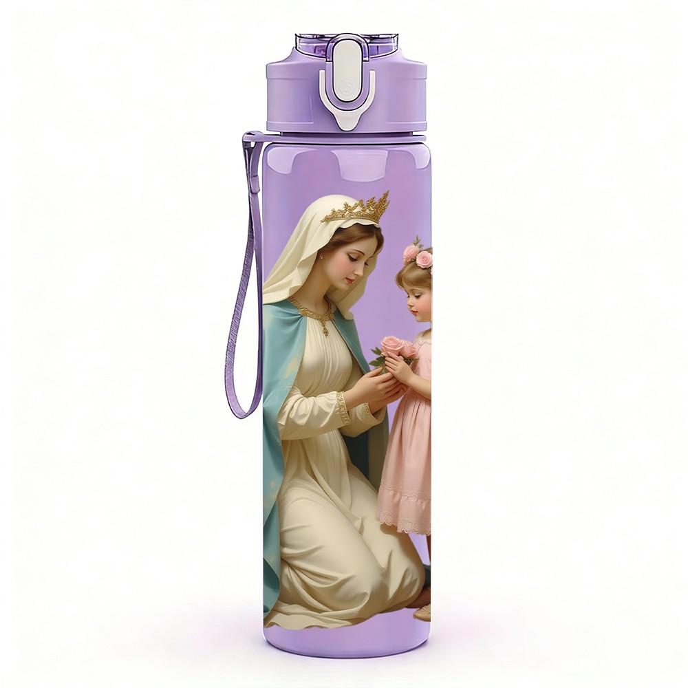 1PC Mary Hugging Little Girl Religious Print 750ml Color Plastic Sports Water Bottle Leakproof Flip Straw Lid Suitable for Sports Office Home Use