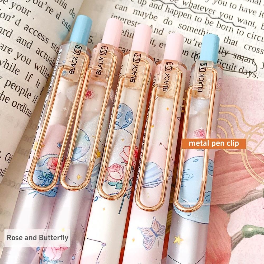 Набор гелевых ручек с бабочками, 6 шт., 0,5 мм, черные чернила, с цветком, розой, милые шариковые ручки для письма, школьные принадлежности для студентов