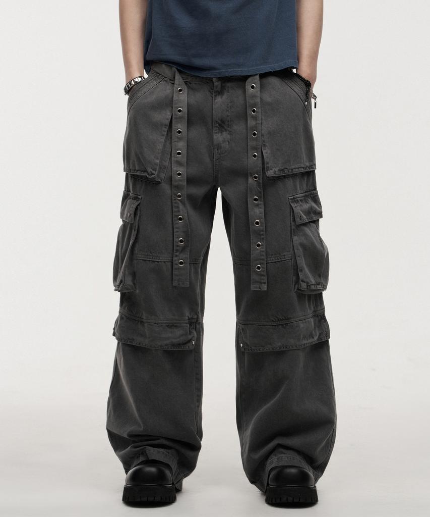 LANARCHIVE [0124] Eyelet Belt Cargo Pants - Charcoal
