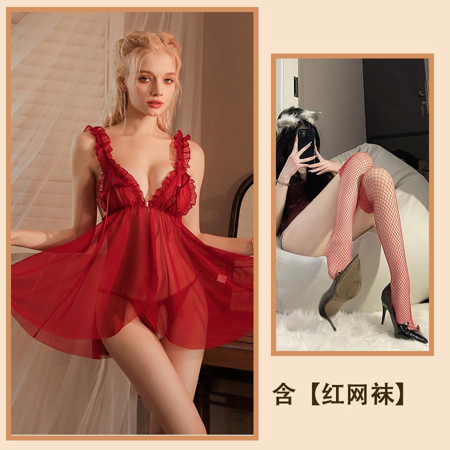 Сексуальное нижнее белье сексуальная пижама женская соблазнительная грудь разрезная сетка полые подтяжки перспектива ночная рубашка костюм женский