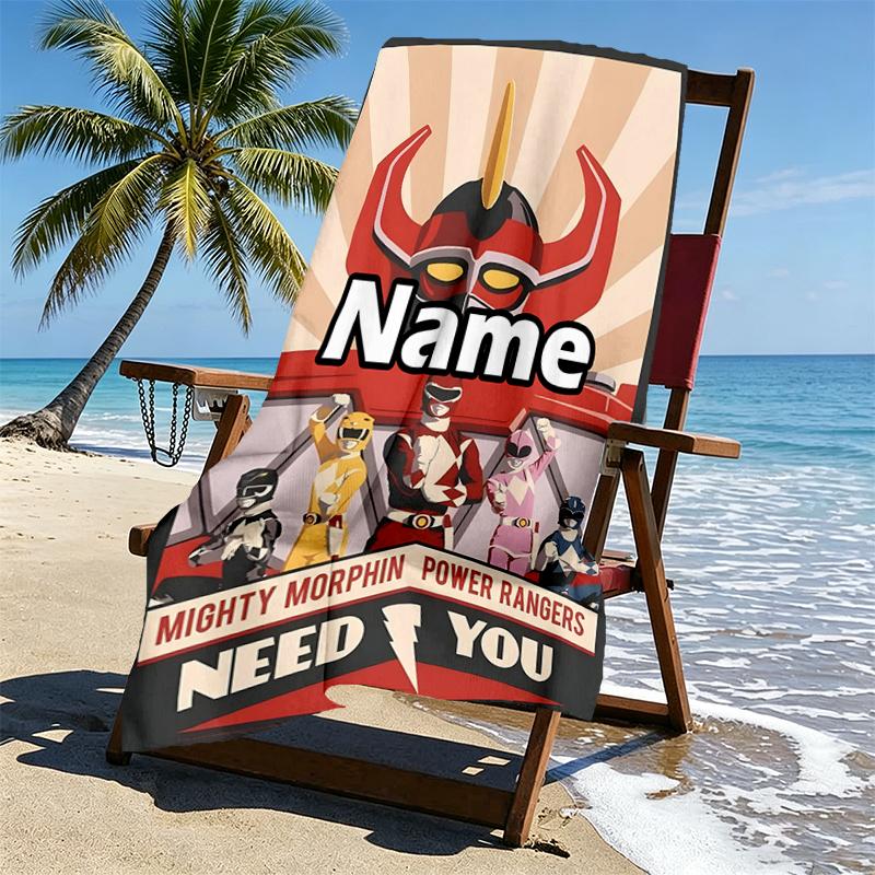 Custom Name Personalized Mighty Morphin Power Rangers Print Beach Towel, for Trip Camping Beach Party Home Decor, Birthday Gift for Family & Friends