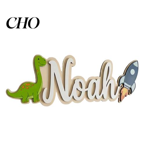 Dinosaur Door Sign Personalized Kids Name Rocket Wooden for Boys Fun Decor Custom Nursery Hanging Wall Bedroom Playroom Soft Color