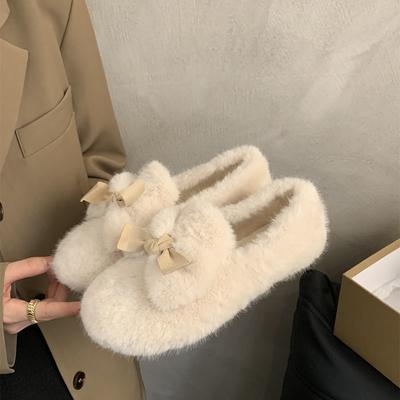 Женские зимние бархатные хлопковые туфли 2025 новые пушистые туфли с бантом носить бархатные хлопковые туфли